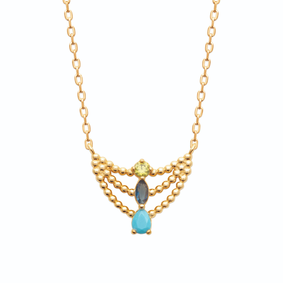 Collier plastron guirlandes de billes et pierres colorées en plaqué or