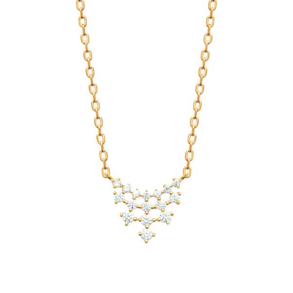 Collier plastron en plaqué or, grappe de zircons ronds sertis griffes en pointe