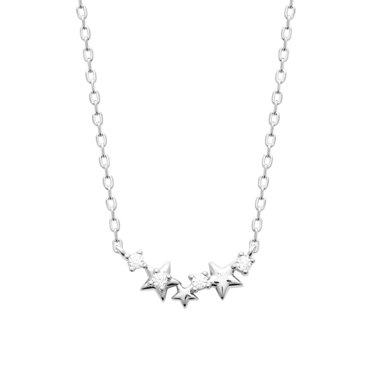 Collier plastron en argent 925 formé d’un arc de trois étoiles bombées et de zircons ronds