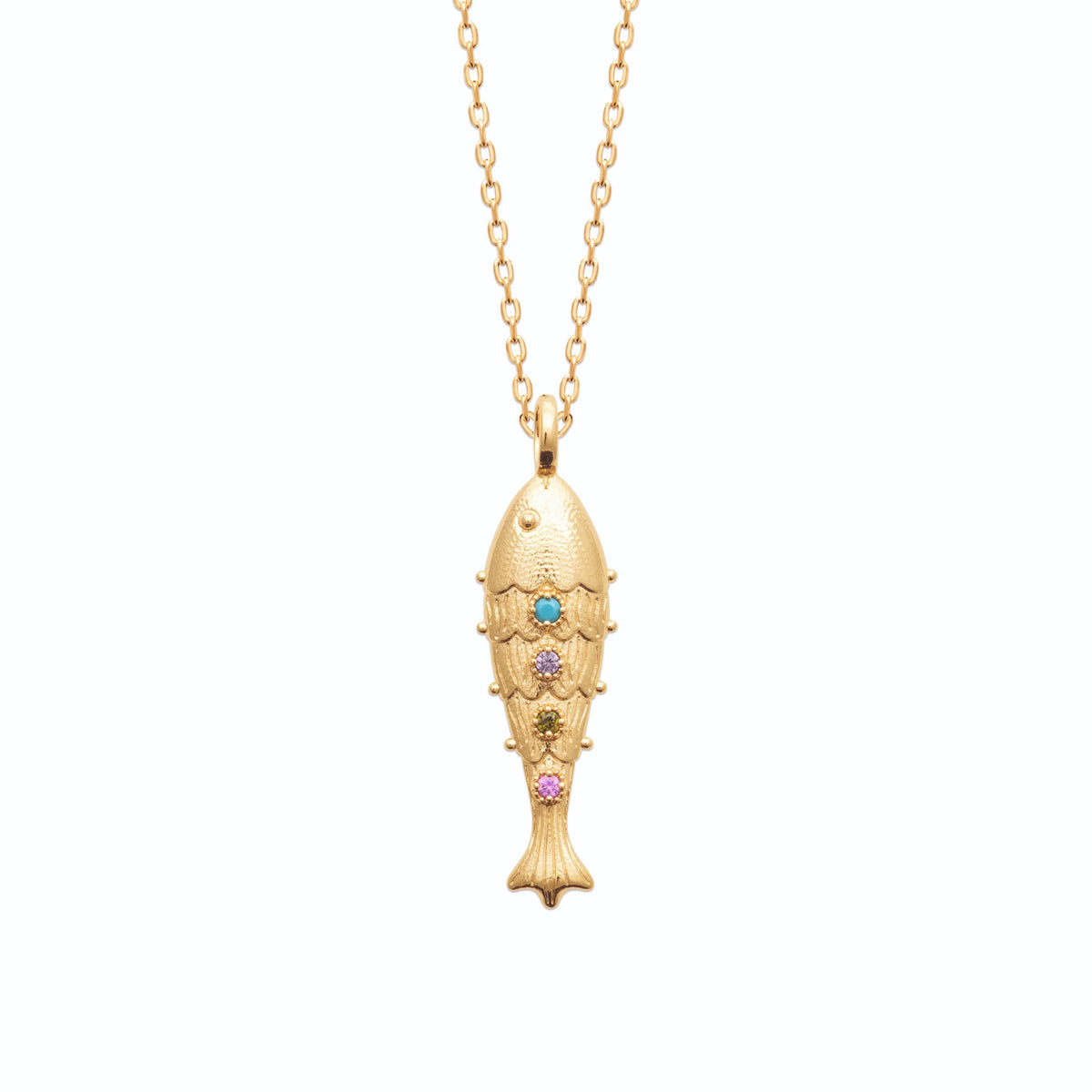 Collier poisson ciselé et pierres multicolores en plaqué or