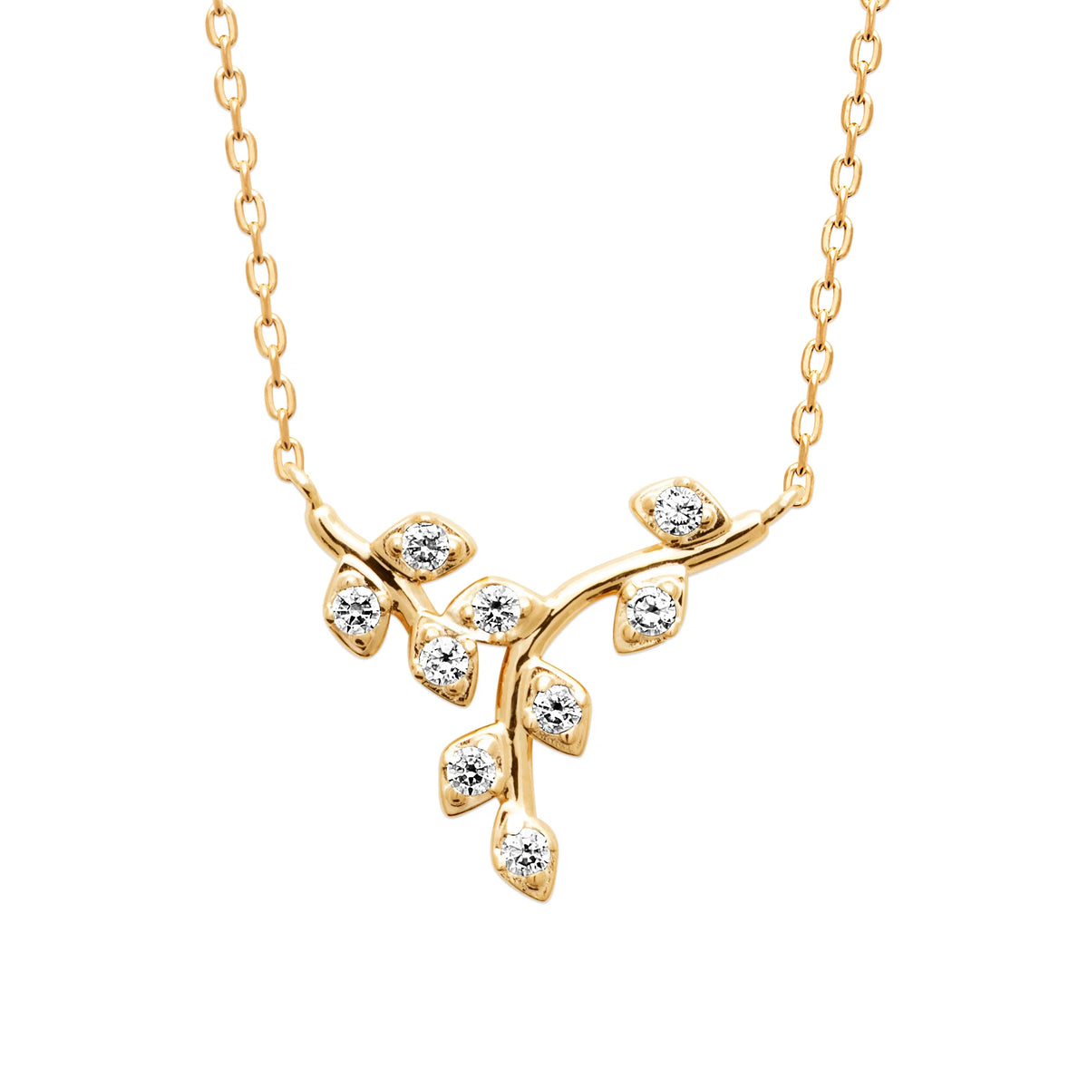 Collier plastron rameau en V aux feuilles serties de zircons en plaqué or
