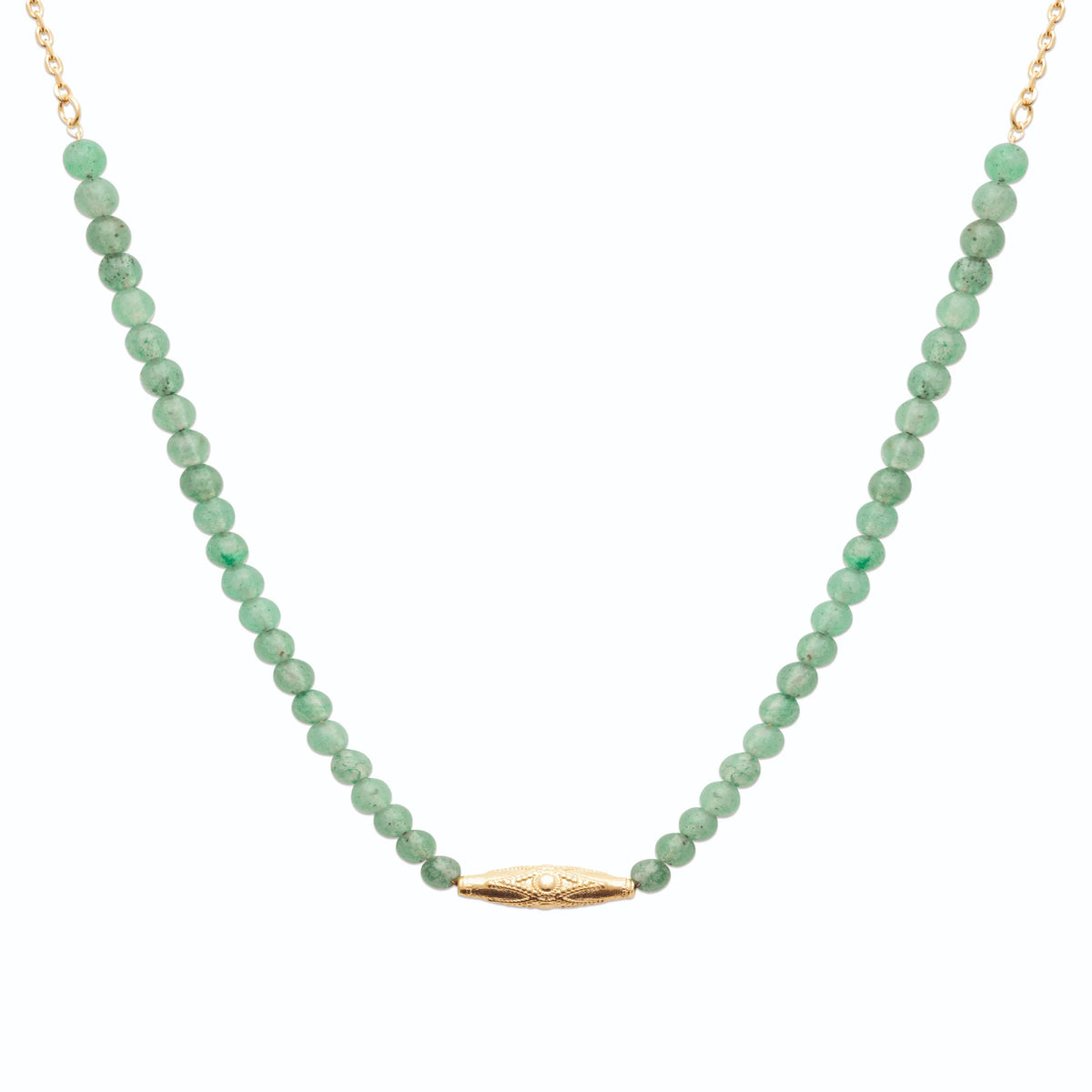Collier rang de perles d’aventurine verte et olive ciselée en plaqué or