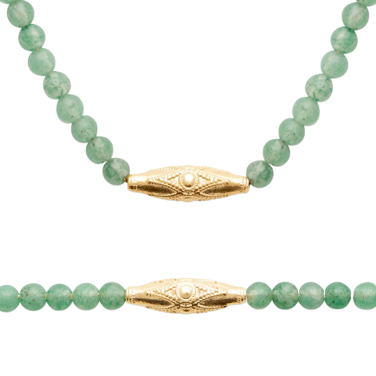 Collier rang de perles d’aventurine verte et olive ciselée en plaqué or