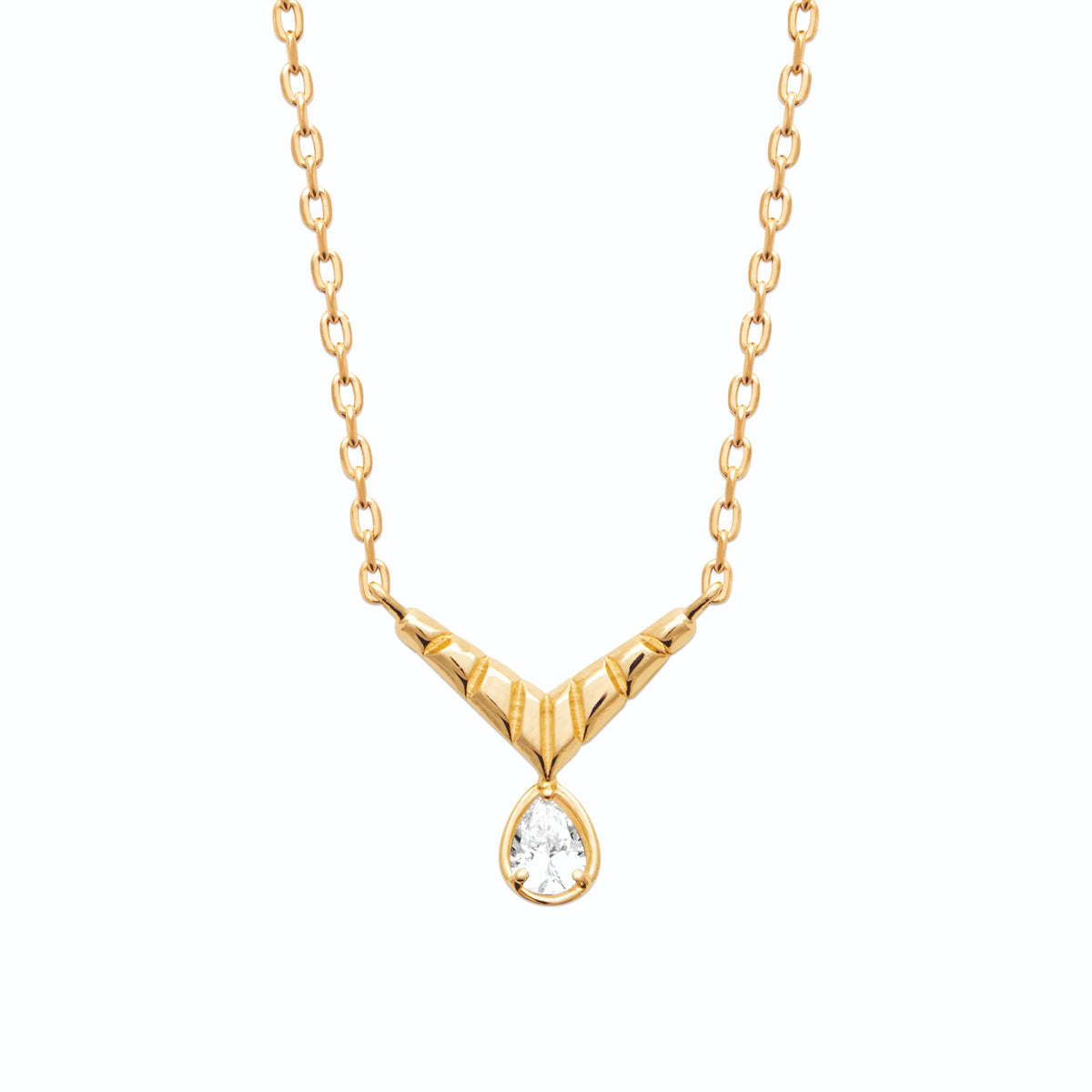 Collier ras du cou en V à chevrons striés et zircon poire en plaqué or