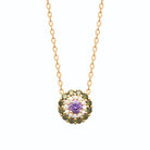 Collier rosace pierre violette, zircons et pierres vert olive en plaqué or