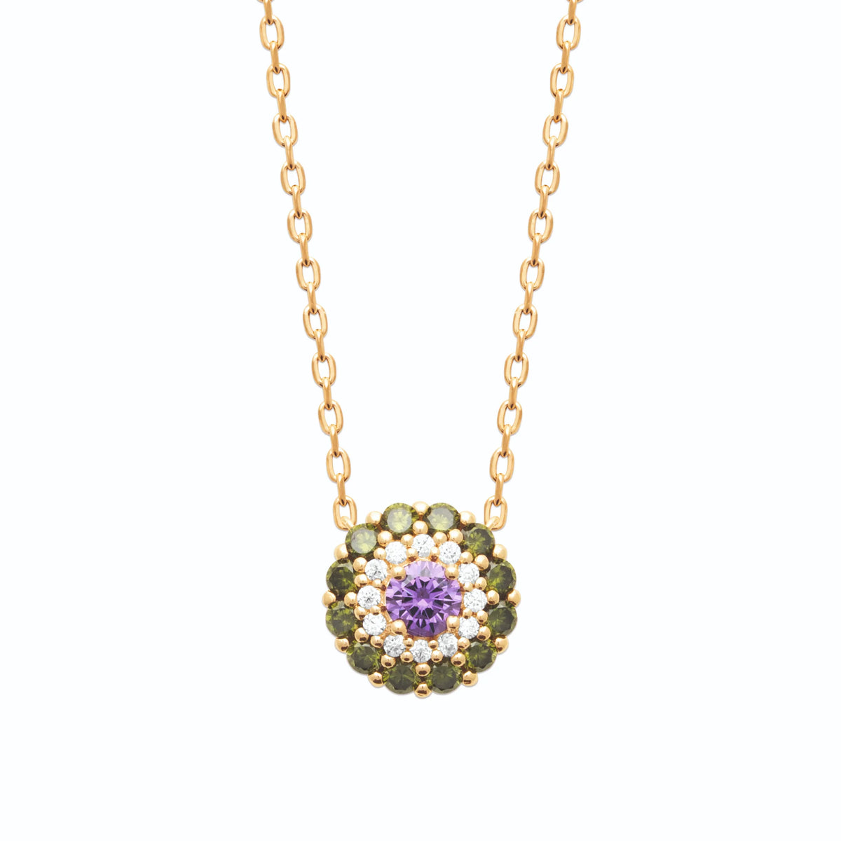 Collier rosace pierre violette, zircons et pierres vert olive en plaqué or