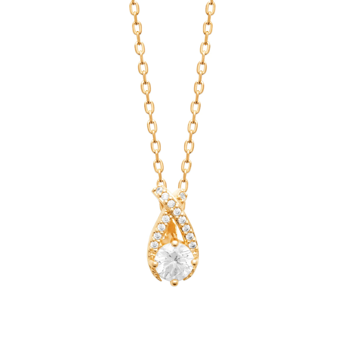 Collier ruban noué pavé de zircons et solitaire en plaqué or