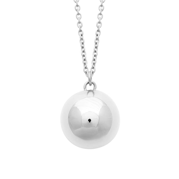 Collier sautoir en acier argenté, boule lisse au poli miroir sur longue chaîne