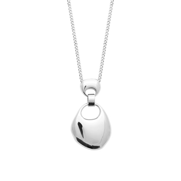Collier sautoir en acier argenté, galet bombé percé d’un anneau sur chaîne gourmette