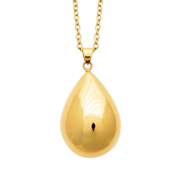 Collier sautoir en acier doré, goutte bombée au poli miroir sur longue chaîne