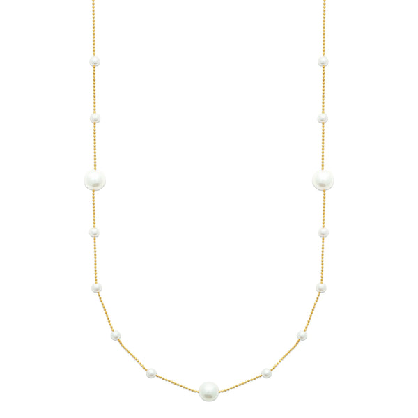 Collier sautoir en acier doré, chaîne fine ponctuée de perles d’imitation blanches