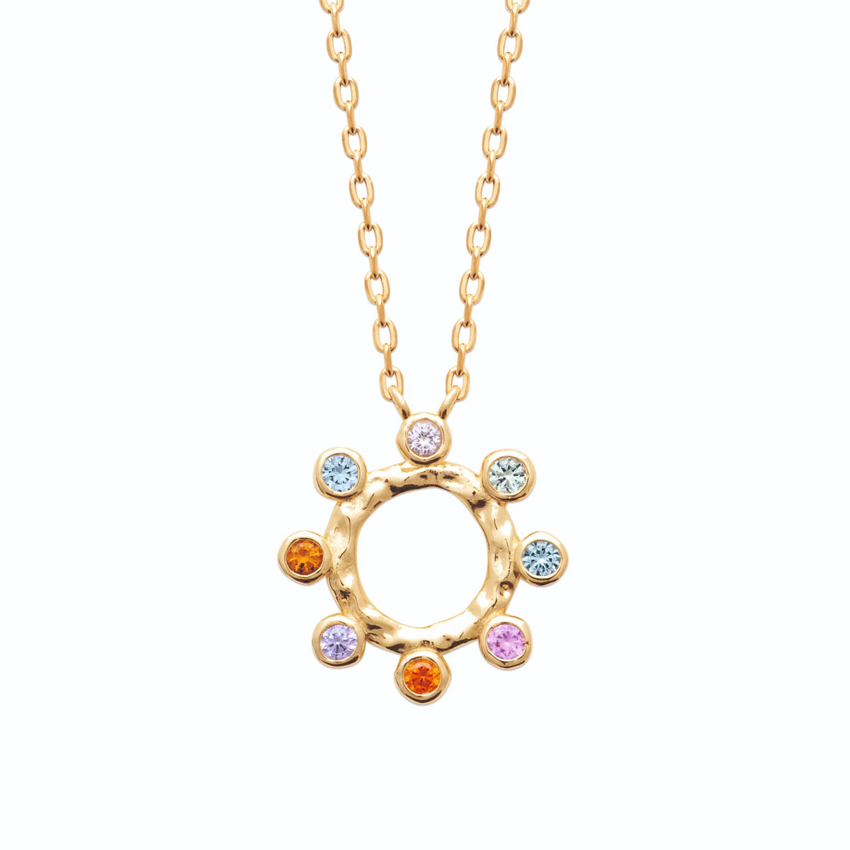 Collier soleil, anneau martelé et pierres de couleur en plaqué or