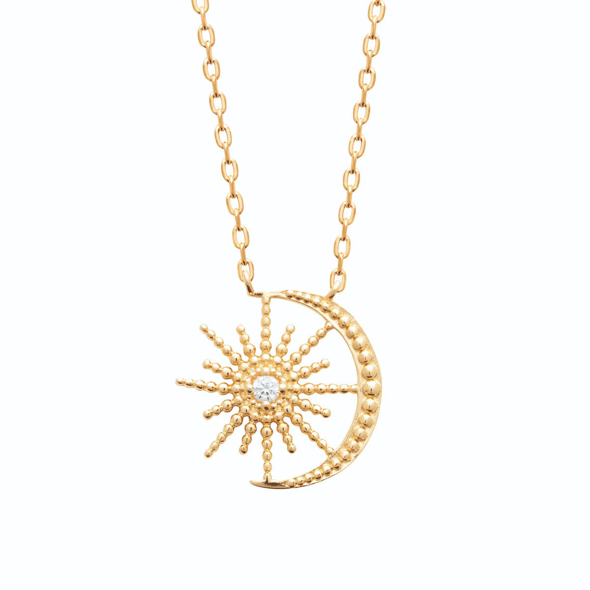 Collier soleil et croissant de lune avec zircon en plaqué or