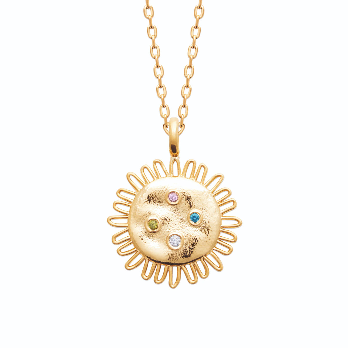 Collier soleil martelé aux pétales filaires et pierres de couleur en plaqué or