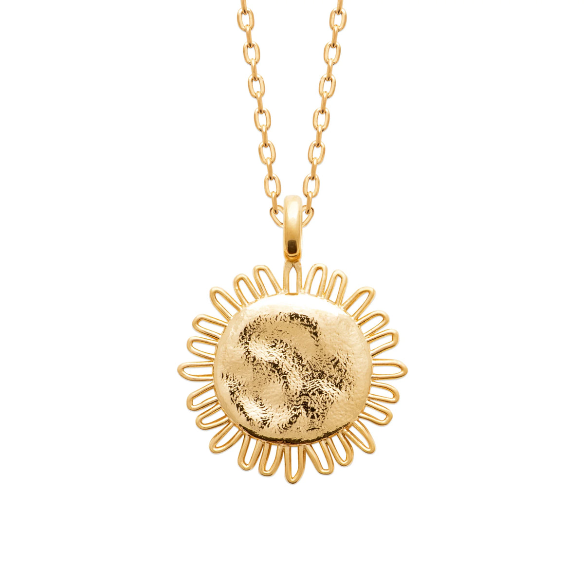 Collier soleil martelé aux rayons ajourés en boucles en plaqué or