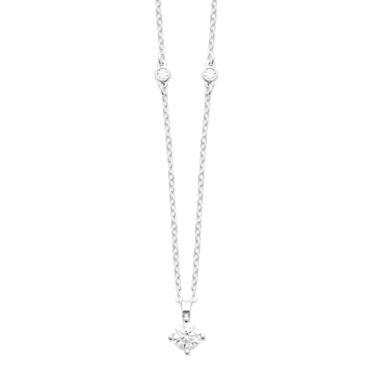 Collier solitaire zircon taille moyenne sur chaîne ponctuée en argent 925