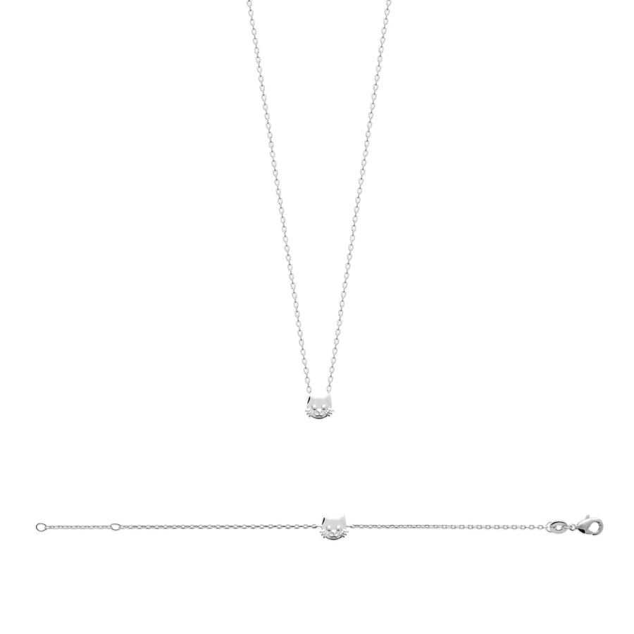 Collier tête de chat enfant en argent 925 rhodié, 37 cm, porté