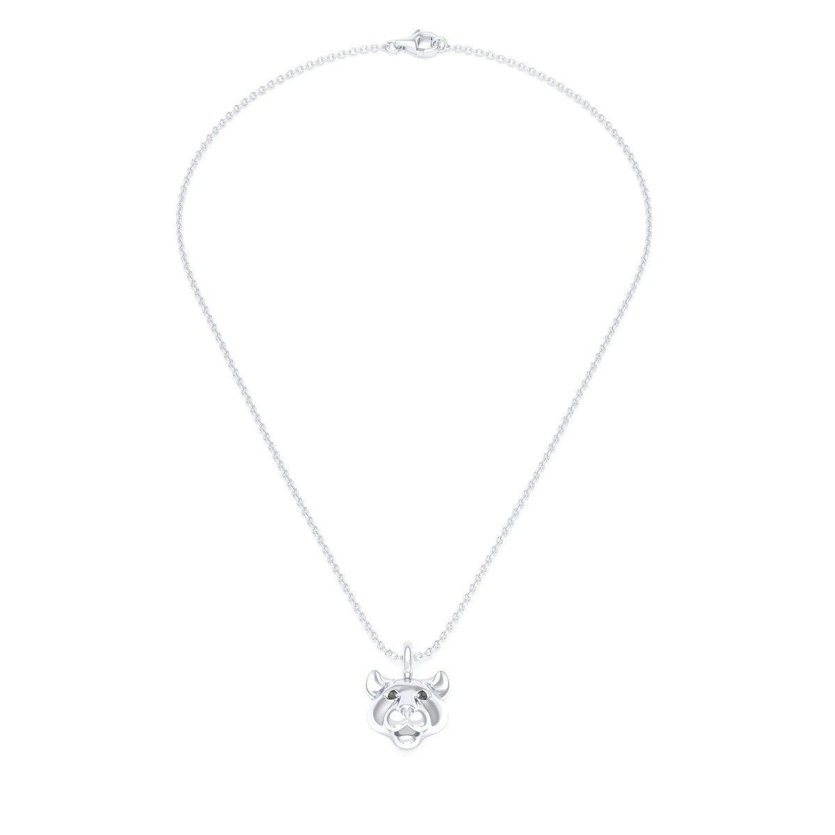 Collier tête de tigre en argent rhodié aux yeux de diamants noirs, vu de face sur sa chaîne forçat de 40 cm