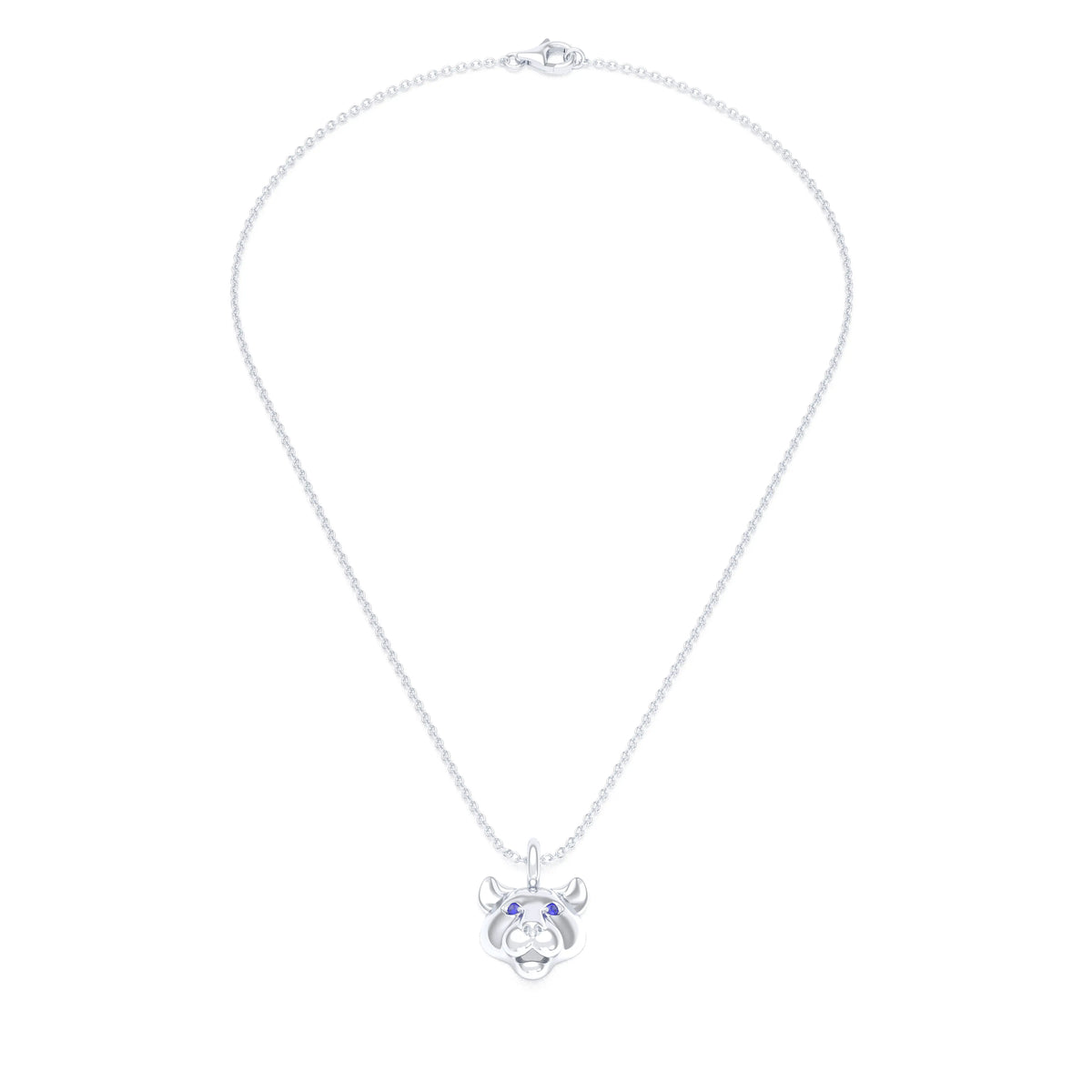 Collier tête de tigre en or blanc aux yeux de saphirs bleus, vu de face sur une chaîne forçat de 40 cm