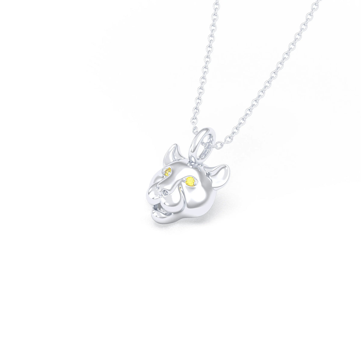 Collier tête de tigre en or blanc 18 carats, yeux en saphirs jaunes, vue de trois quarts