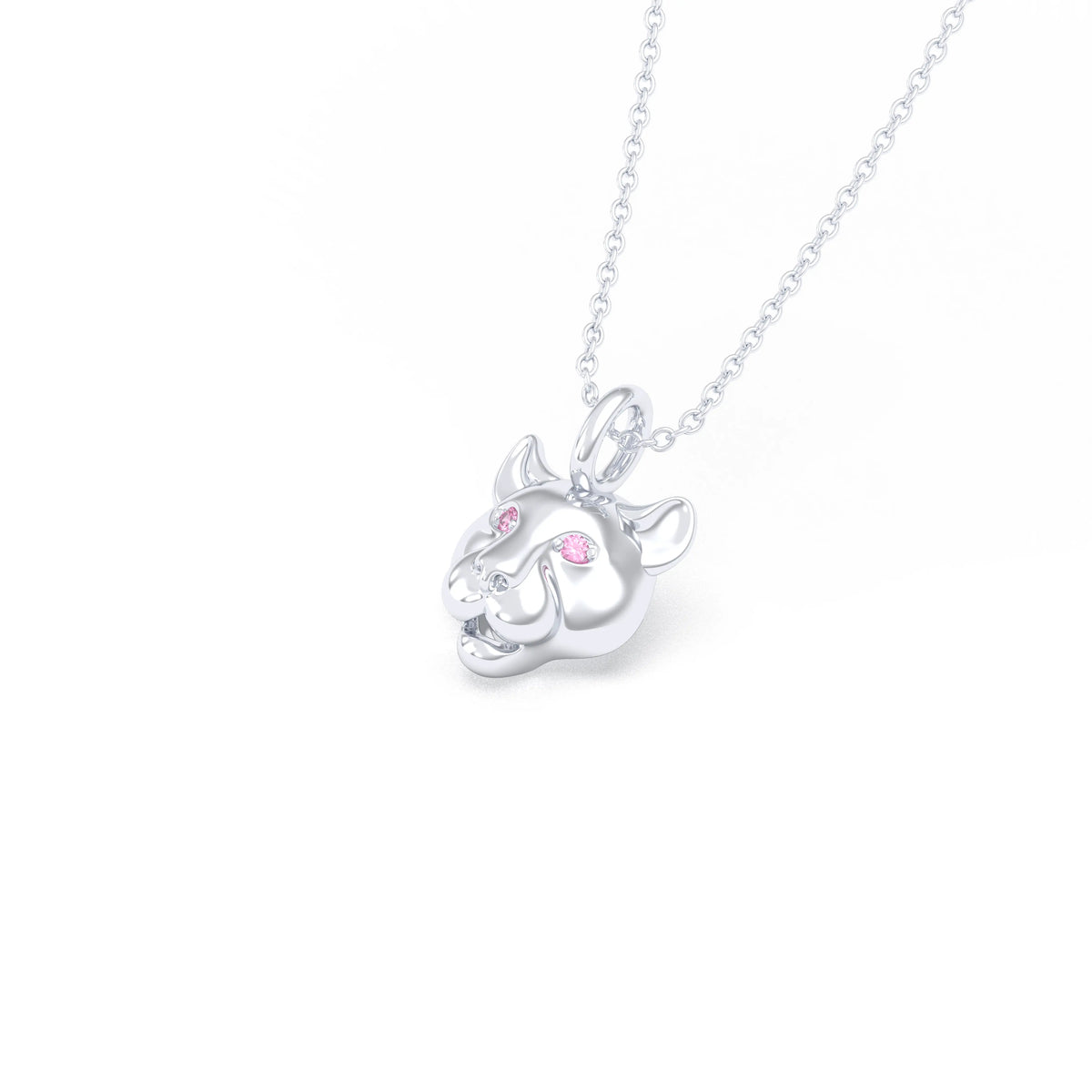 Collier tête de tigre en or blanc 18 carats, yeux en saphirs roses, vue de trois quarts