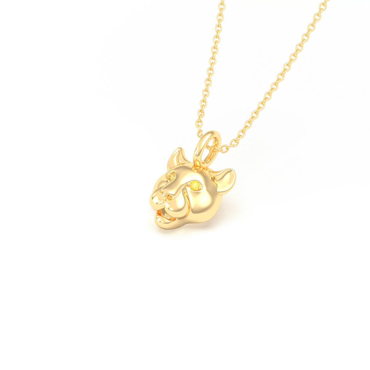 Collier tête de tigre en or jaune 18 carats, yeux en diamants jaunes, vue de trois quarts