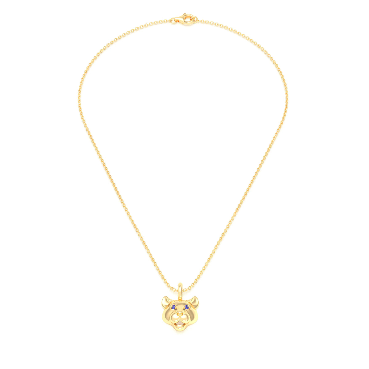 Collier tête de tigre en or jaune aux yeux de saphirs bleus, vu de face sur une chaîne forçat de 40 cm