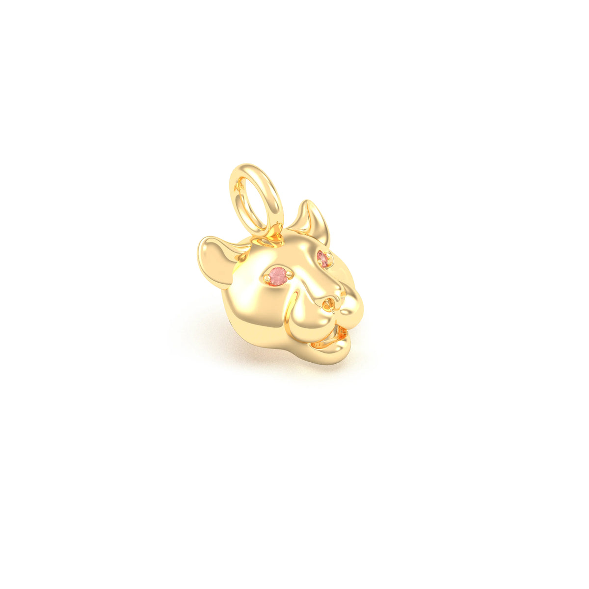 Pendentif tête de tigre en or jaune 18 carats, yeux sertis de saphirs pêche, en gros plan, atelier Bajoia de Sèvres
