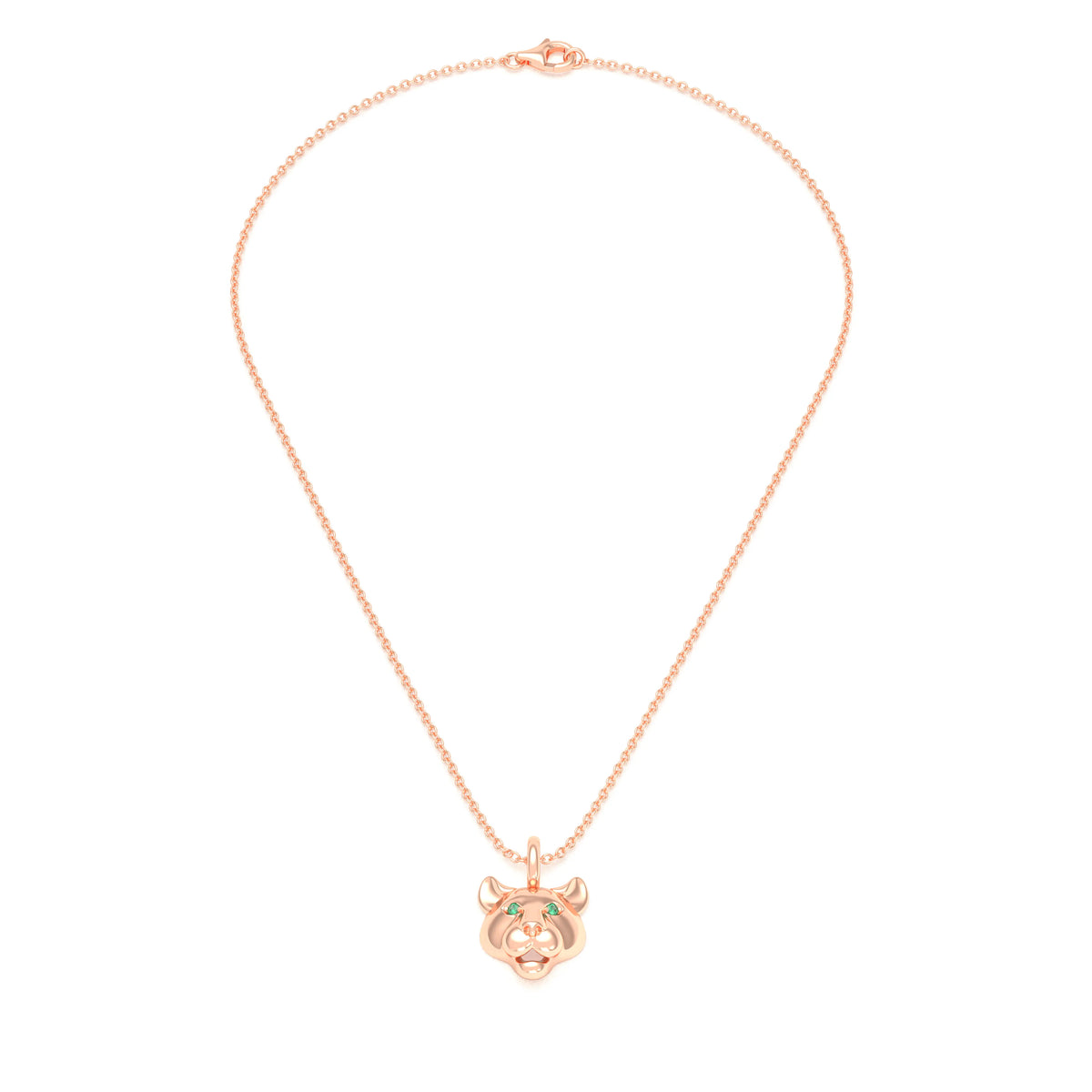 Collier tête de tigre en or rose aux yeux d’émeraudes, vu de face sur une chaîne forçat de 40 cm