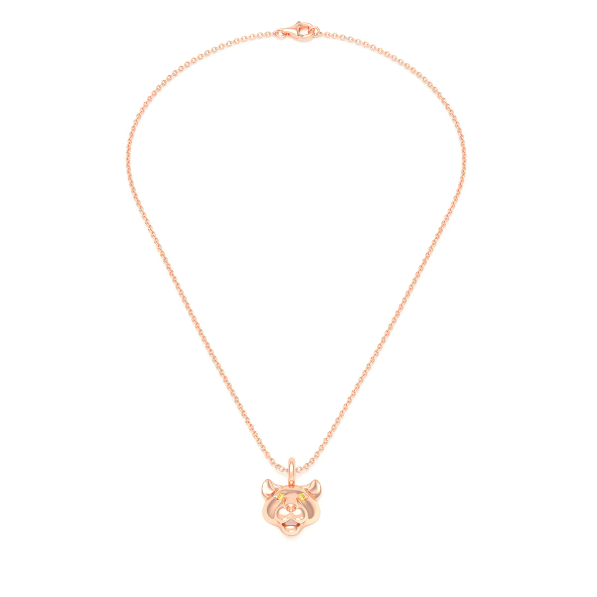 Collier tête de tigre en or rose aux yeux de saphirs jaunes, vu de face sur une chaîne forçat de 40 cm
