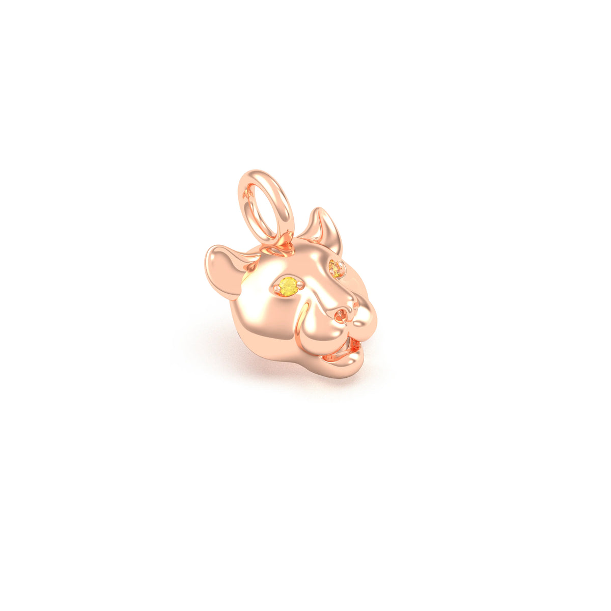 Pendentif tête de tigre en or rose 18 carats, yeux sertis de saphirs jaunes, en gros plan, atelier Bajoia de Sèvres