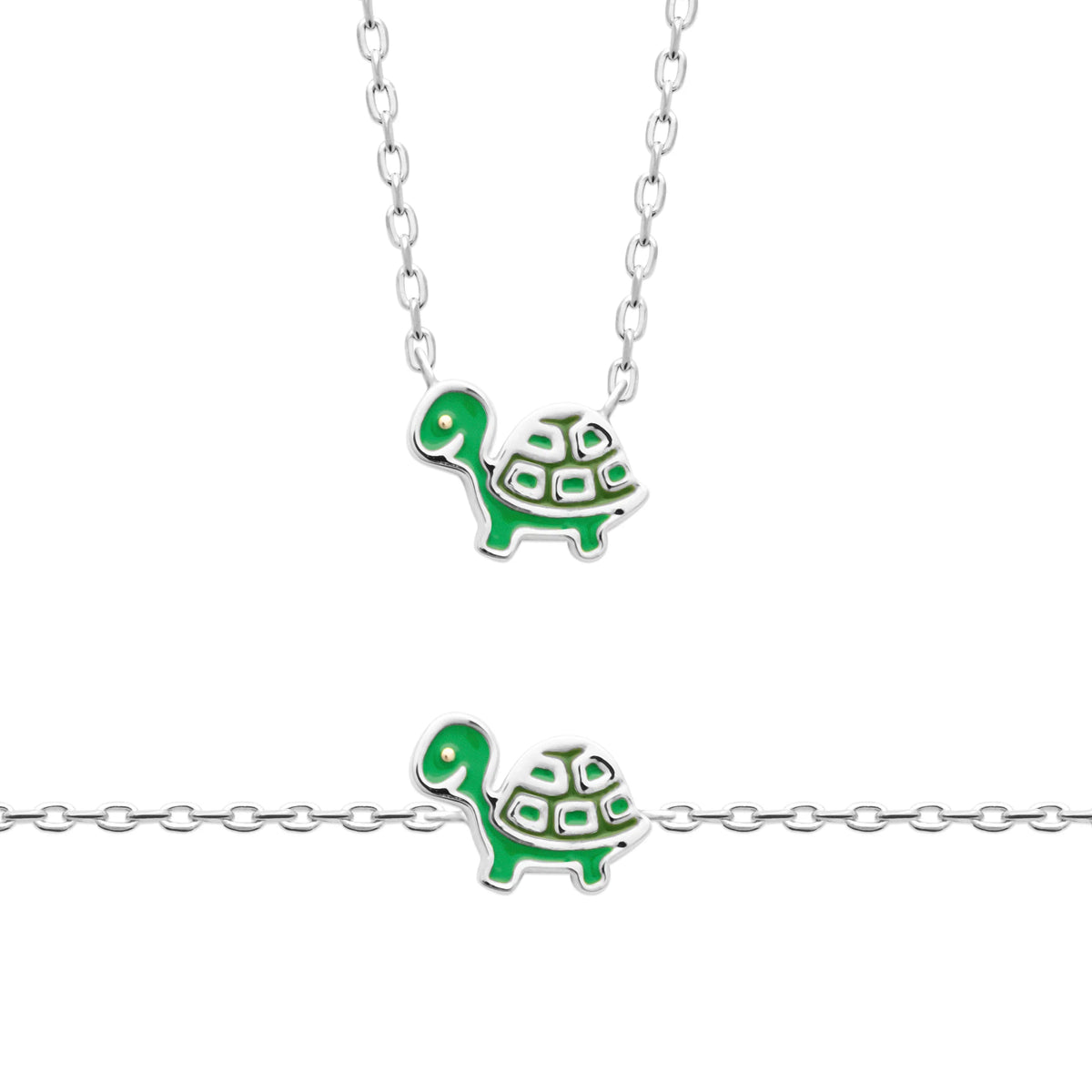 Collier tortue verte enfant en argent 925 rhodié, 37 cm