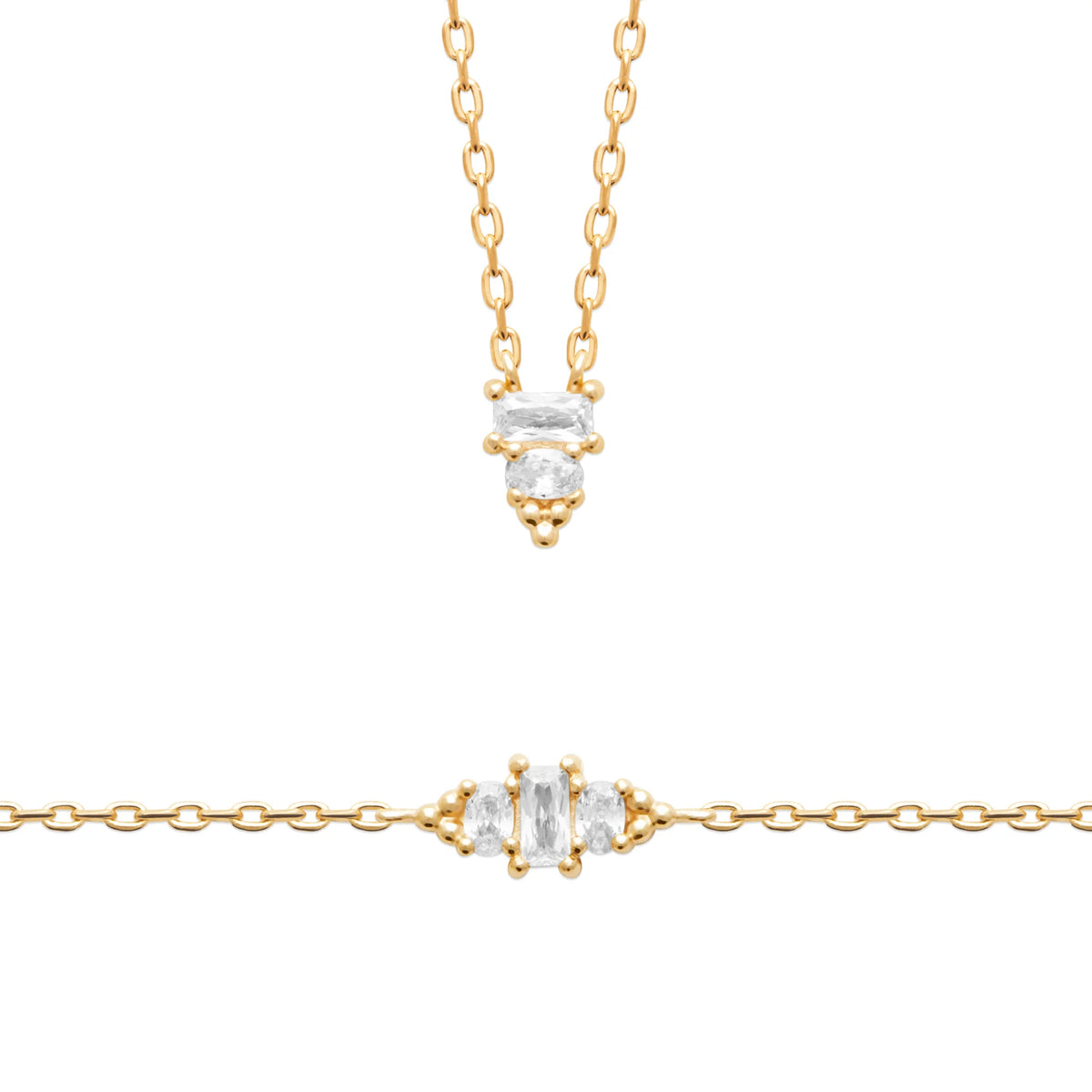 Collier barrette zircon baguette et zircons ronds en plaqué or