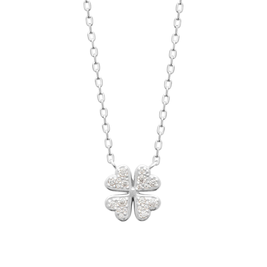 Collier trèfle à quatre cœurs pavé de zircons en argent 925, porté