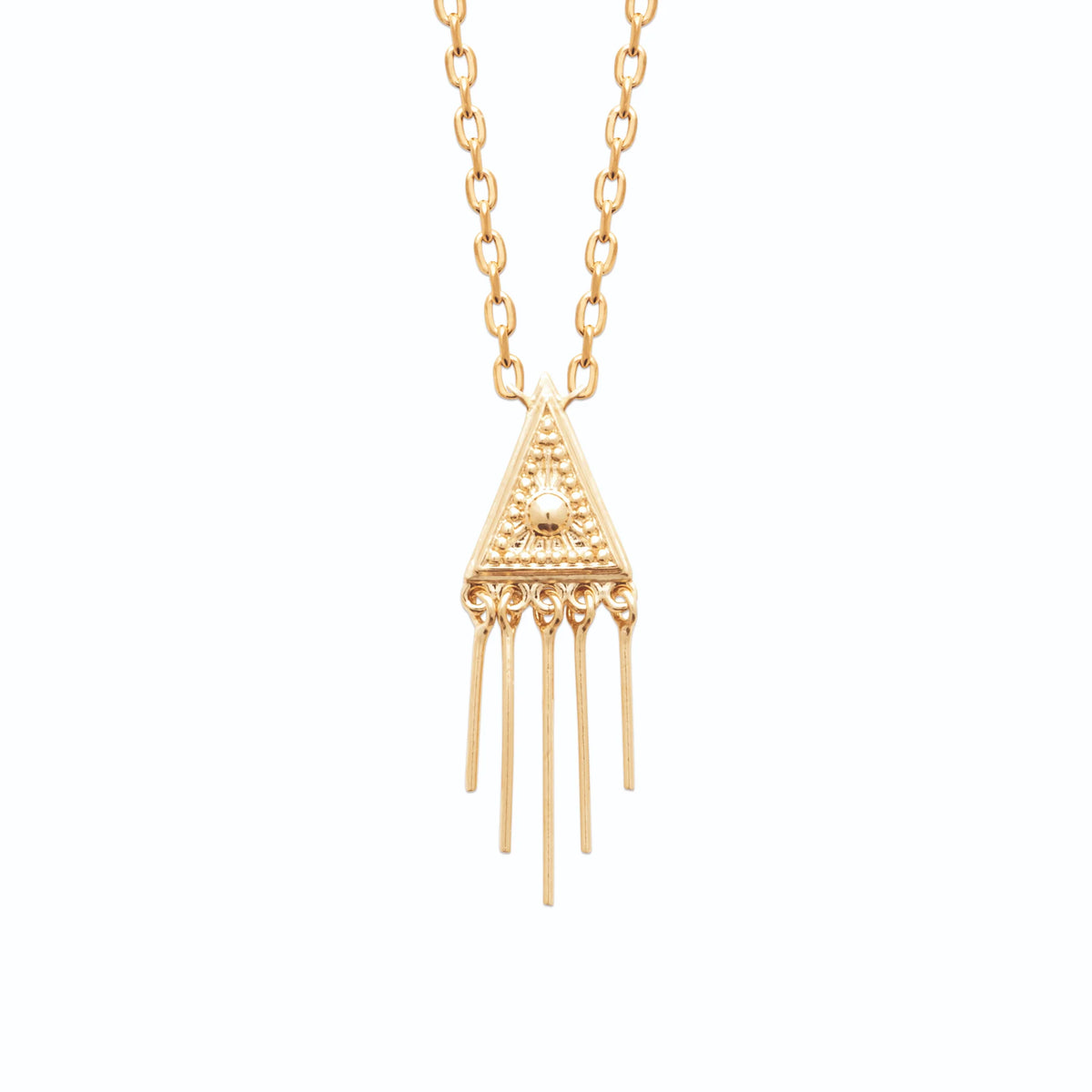 Collier triangle granulé à franges de baguettes en plaqué or