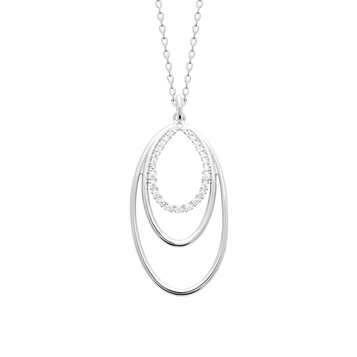 Vue d’ensemble du collier trois ovales emboîtés en argent 925 avec sa chaîne