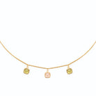 Collier trois pampilles carrées, pierres rose et vert olive en plaqué or