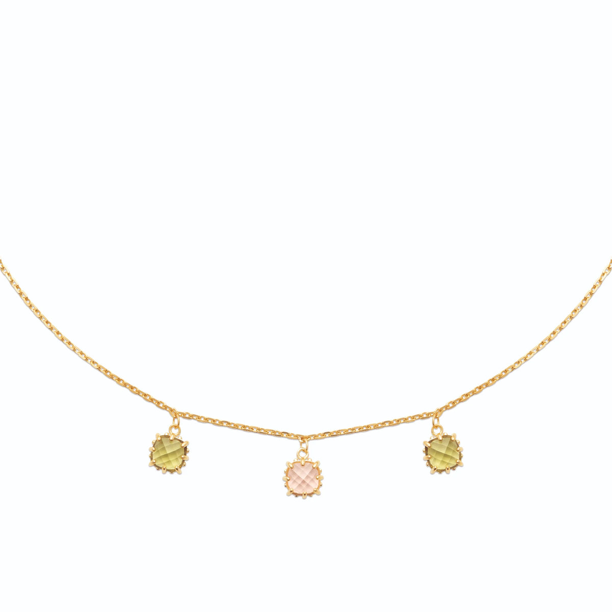Collier trois pampilles carrées, pierres rose et vert olive en plaqué or