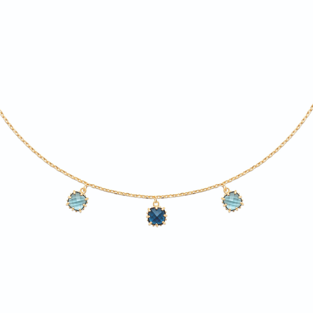 Collier trois pampilles crénelées et pierres bleues en plaqué or