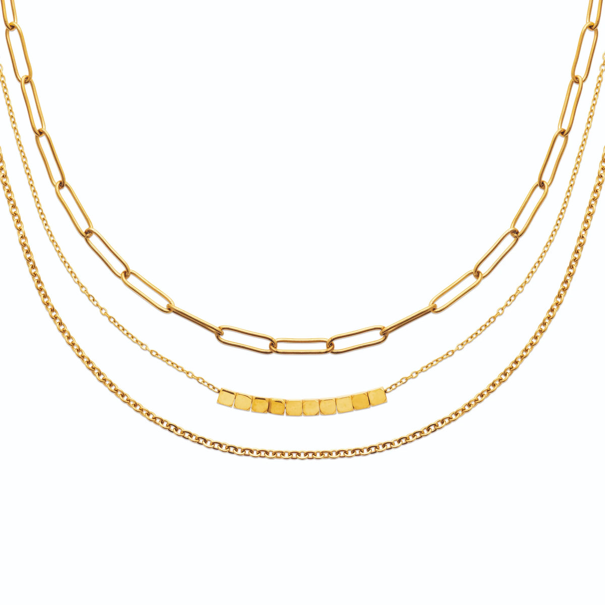 Collier trois rangs trombone et barrette de cubes en acier doré