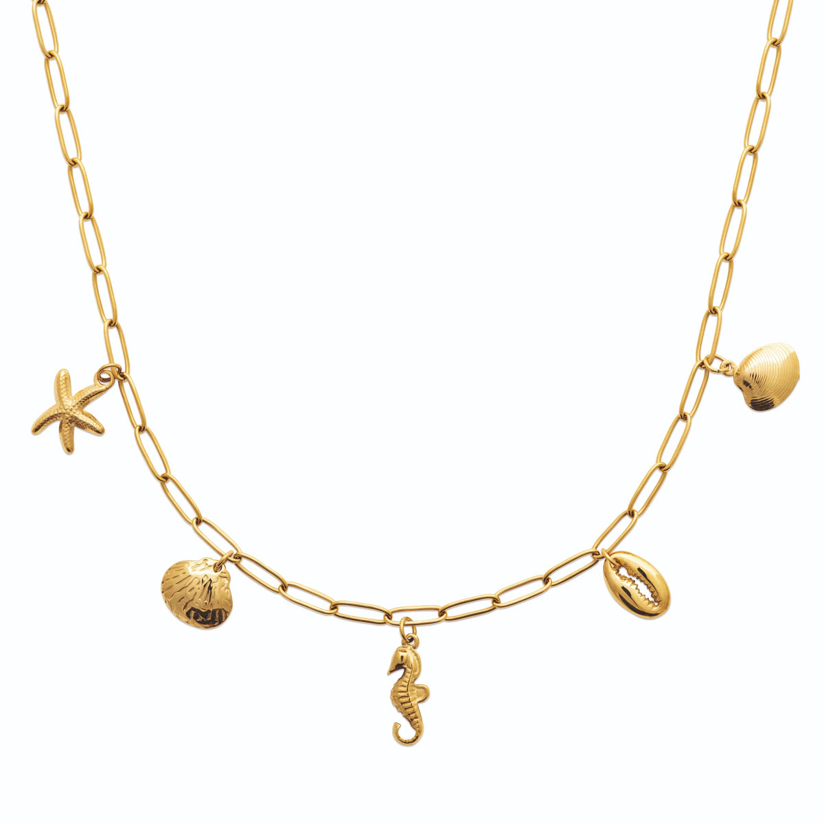 Collier trombone à breloques marines, étoile de mer et cauri en acier doré