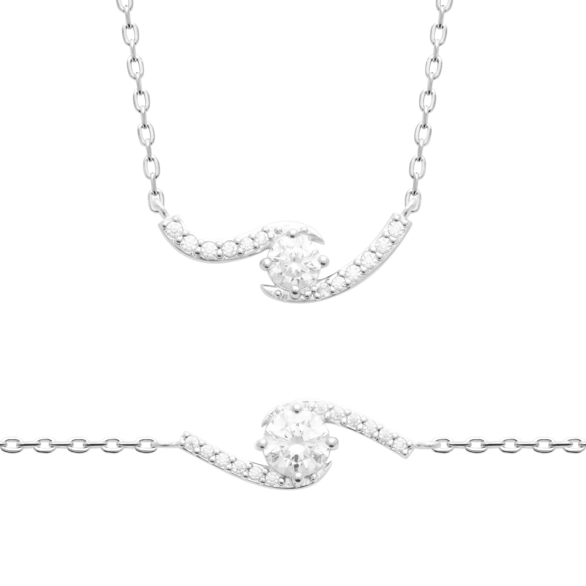 Collier vague de zircons enroulée autour d’un zircon central en argent 925