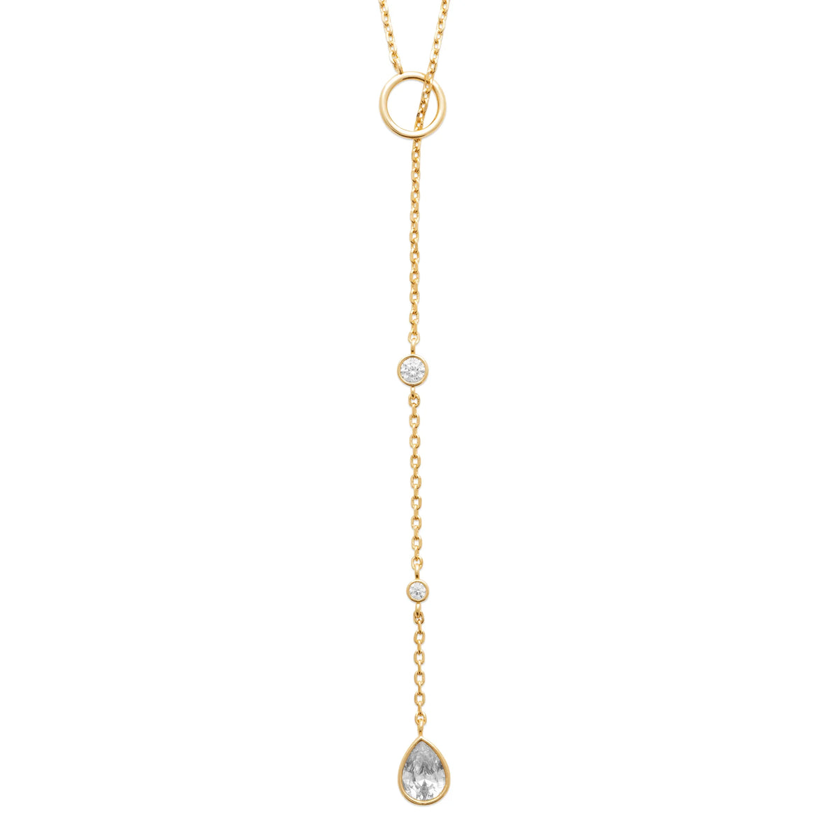Collier en Y anneau, zircons sertis clos et zircon poire en plaqué or