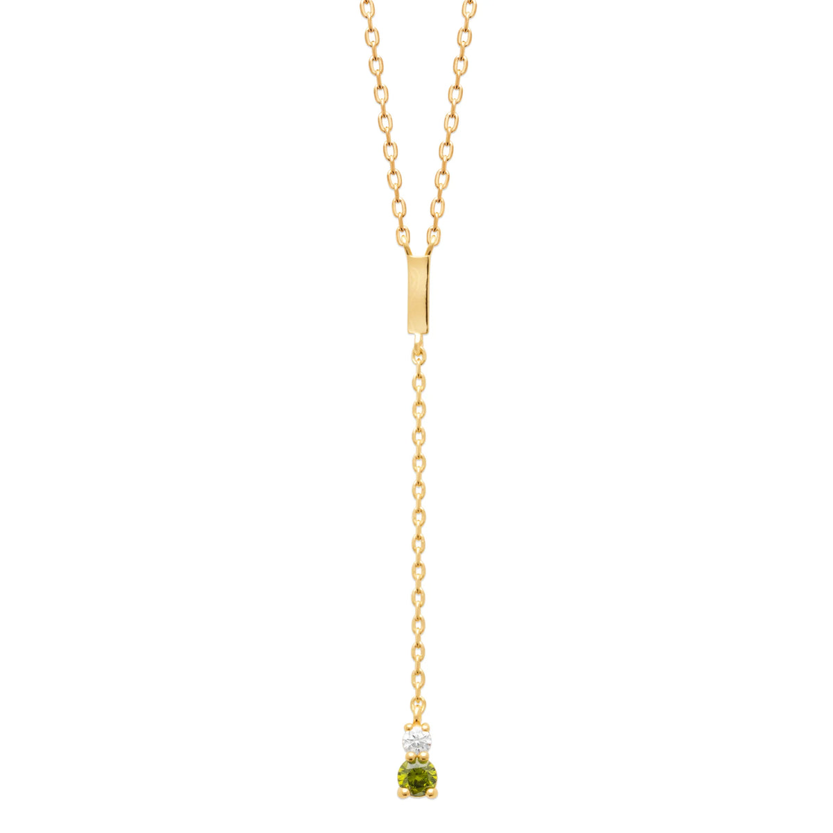 Collier en Y barrette, zircon et pierre vert olive en plaqué or