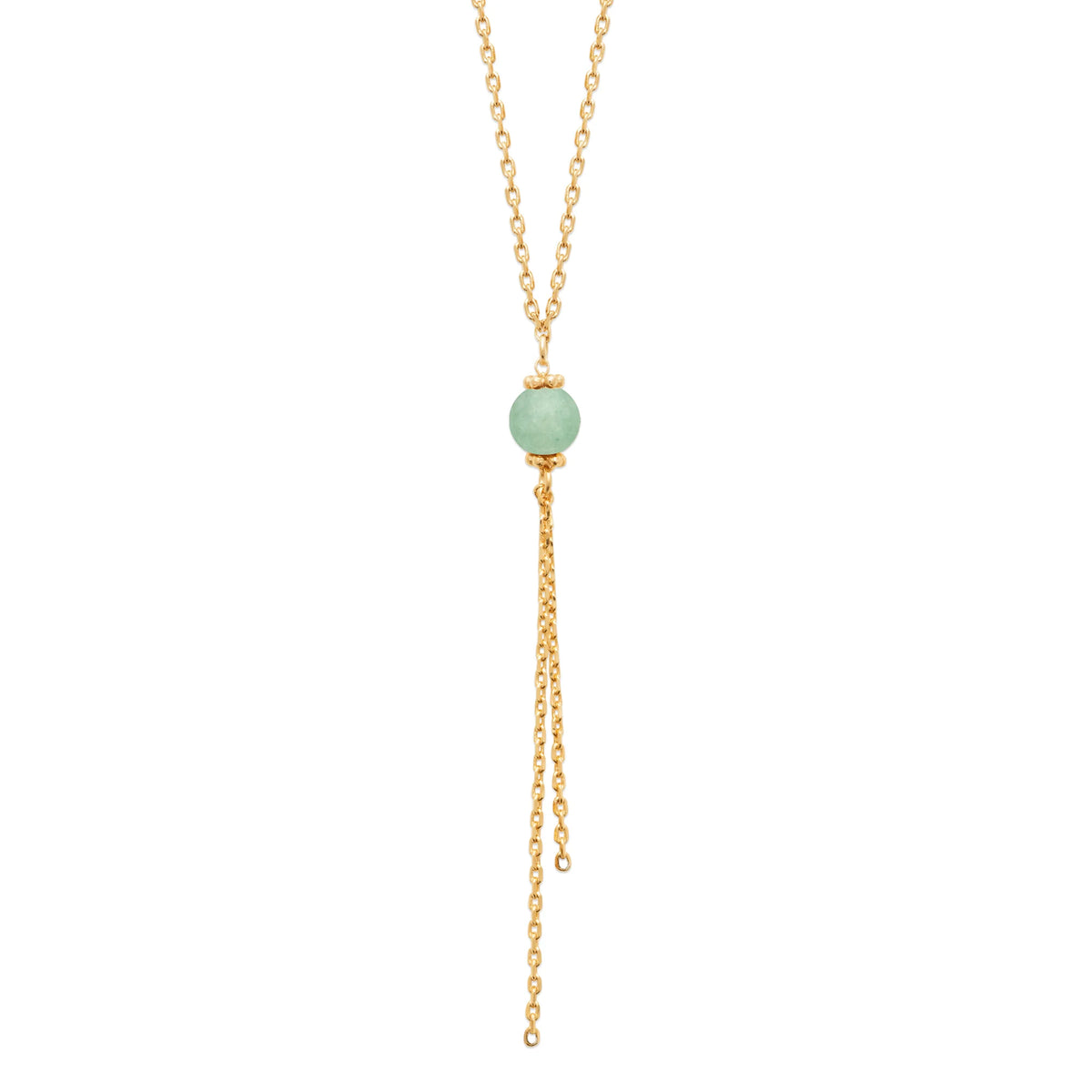 Collier en Y perle d’aventurine verte et chaînettes en plaqué or
