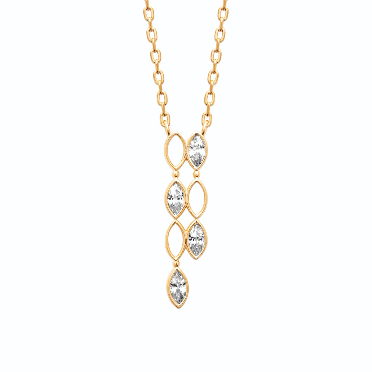 Collier en Y cascade de maillons navette et zircons en plaqué or