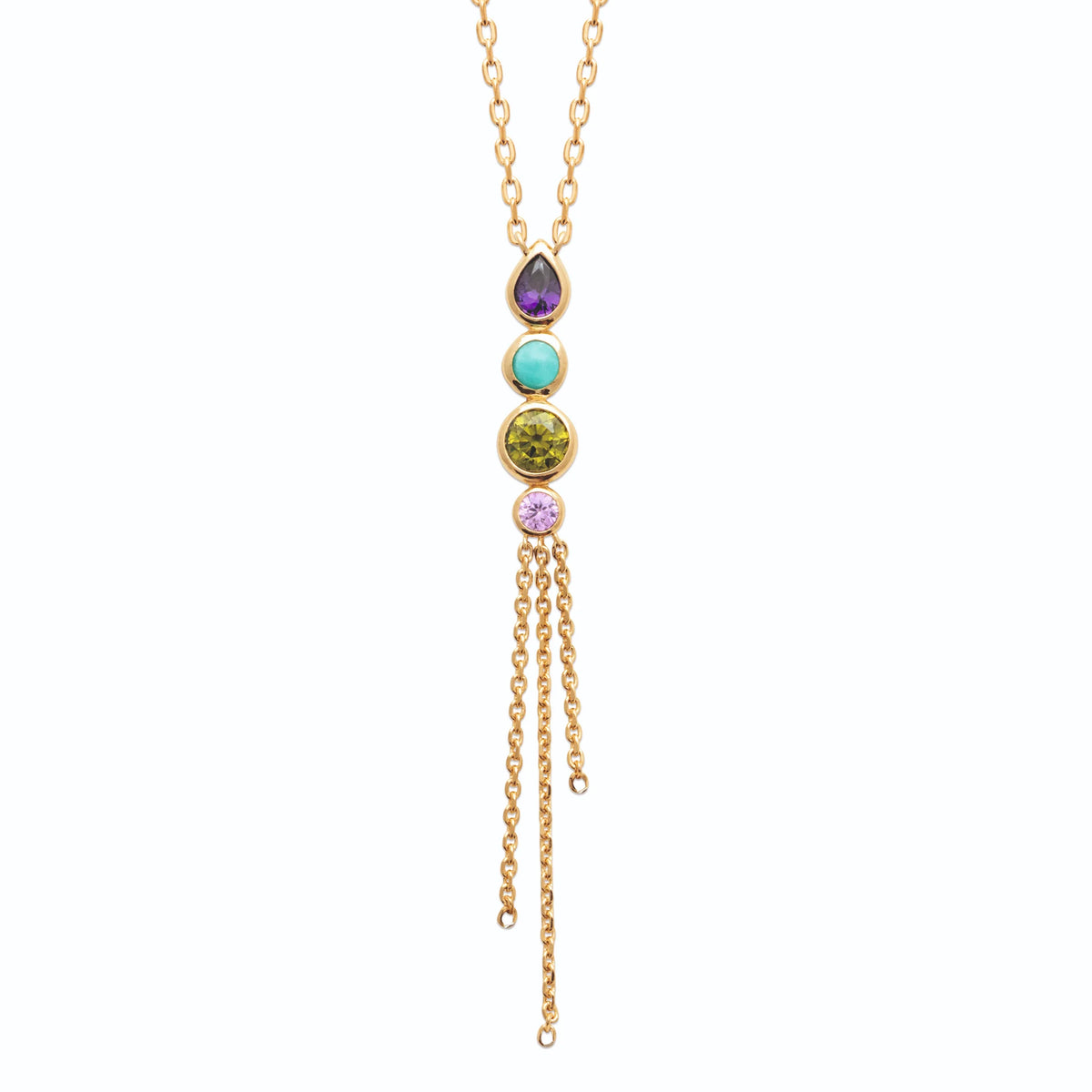 Collier en Y, chute de quatre pierres de couleur en plaqué or