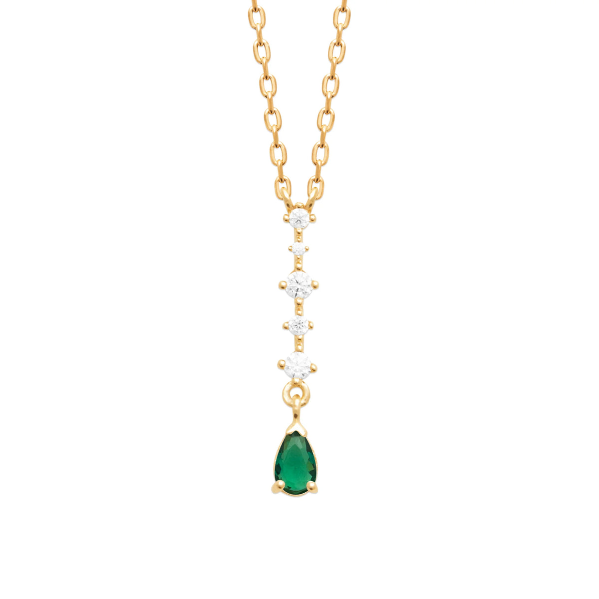 Collier en Y à chute de zircons et pierre poire vert profond en plaqué or