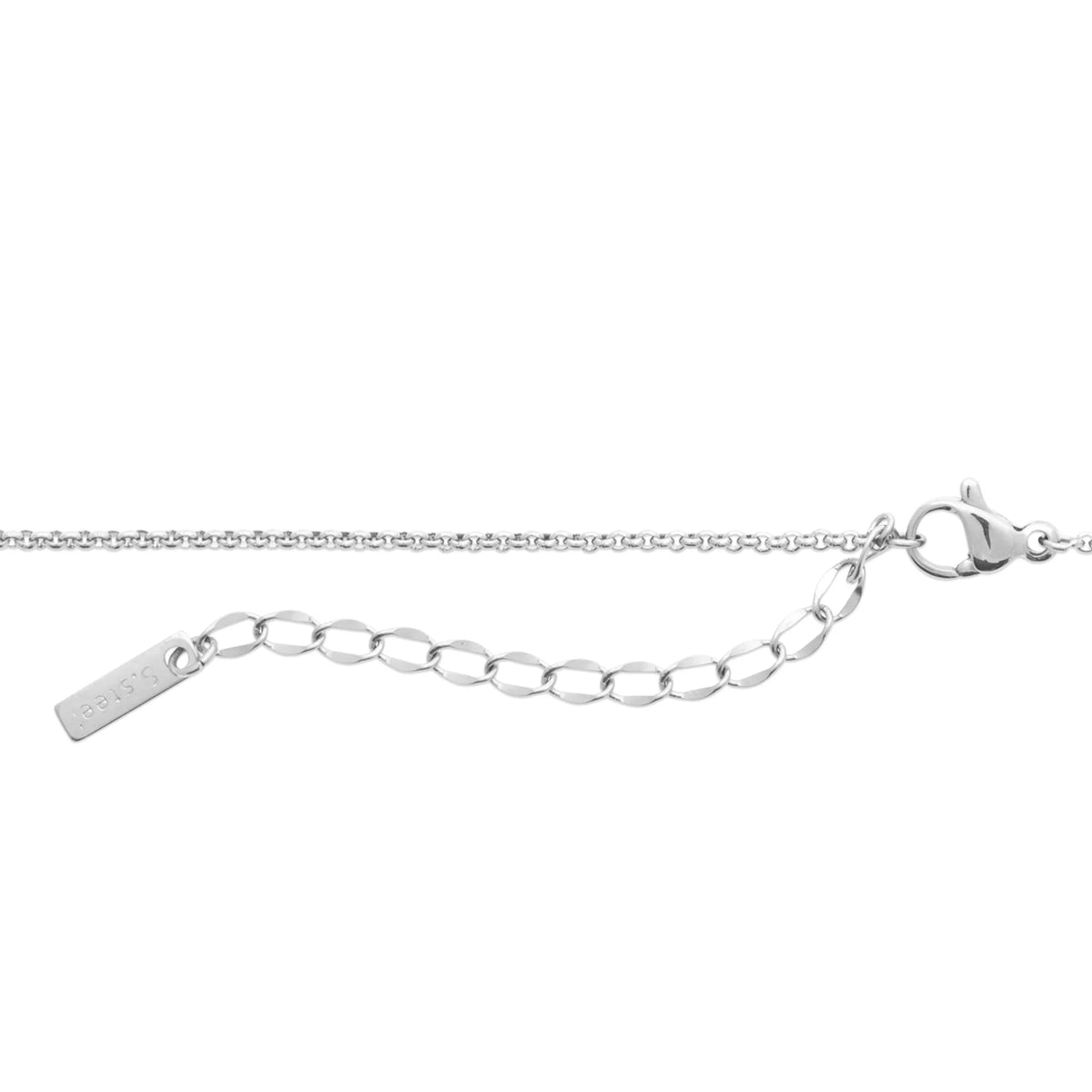 Détail du fermoir mousqueton et de la chaînette de réglage du collier en Y argenté