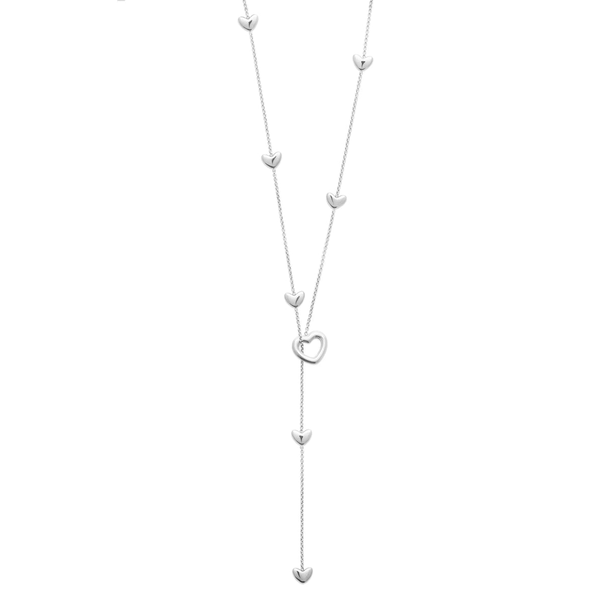 Vue d’ensemble du collier en Y argenté et de sa chute de petits cœurs